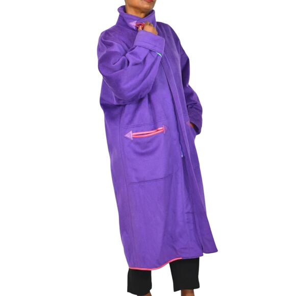 Vintage Purple Maxi Coat 90s Zip Felted Wool Oversized Leather Trim Large OSFM - Picture 6 of 16